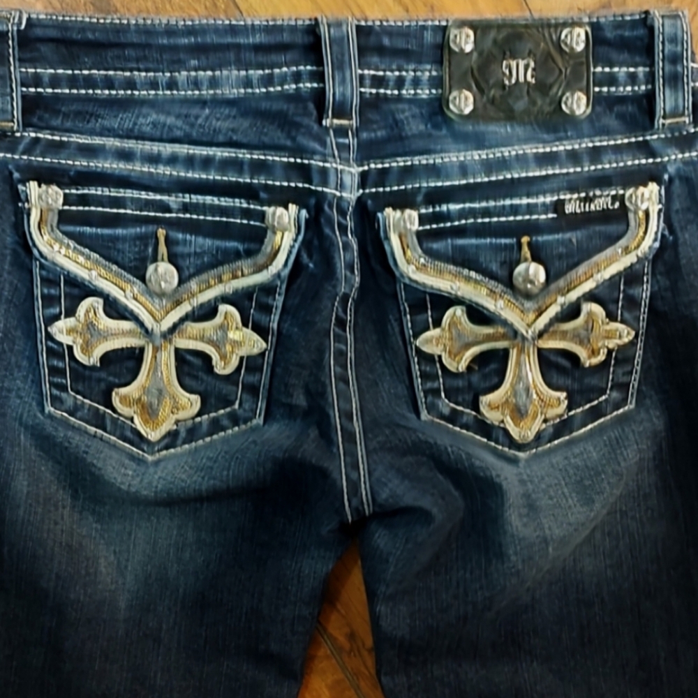 Miss Me Dark Blue Skinny Jeans with Embroidered Gold Back Pockets